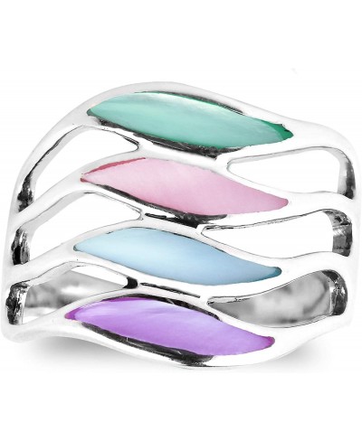 Amazing Waves of Multi-Color Mother of Pearl Inlay .925 Sterling Silver Ring Classic Wedding Rings For Women Casual Comfort F...