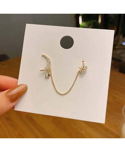 Chic Moon and Star Ear Cuff Crawler Earrings for Women Girls Climber Gold Tone Chain Tassel Rhinestone Crescent Dangle Drop C...