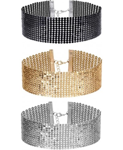 3 Pcs Women's Gold and Black Thick Rhinestone Metal Sequins Choker Necklace Set for Girls $14.81 Chokers