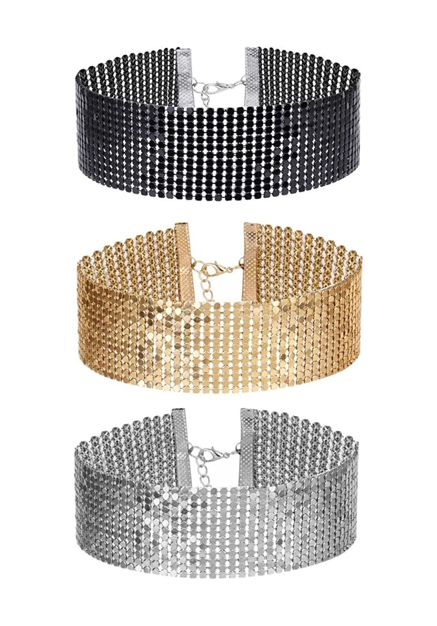 3 Pcs Women's Gold and Black Thick Rhinestone Metal Sequins Choker Necklace Set for Girls $14.81 Chokers