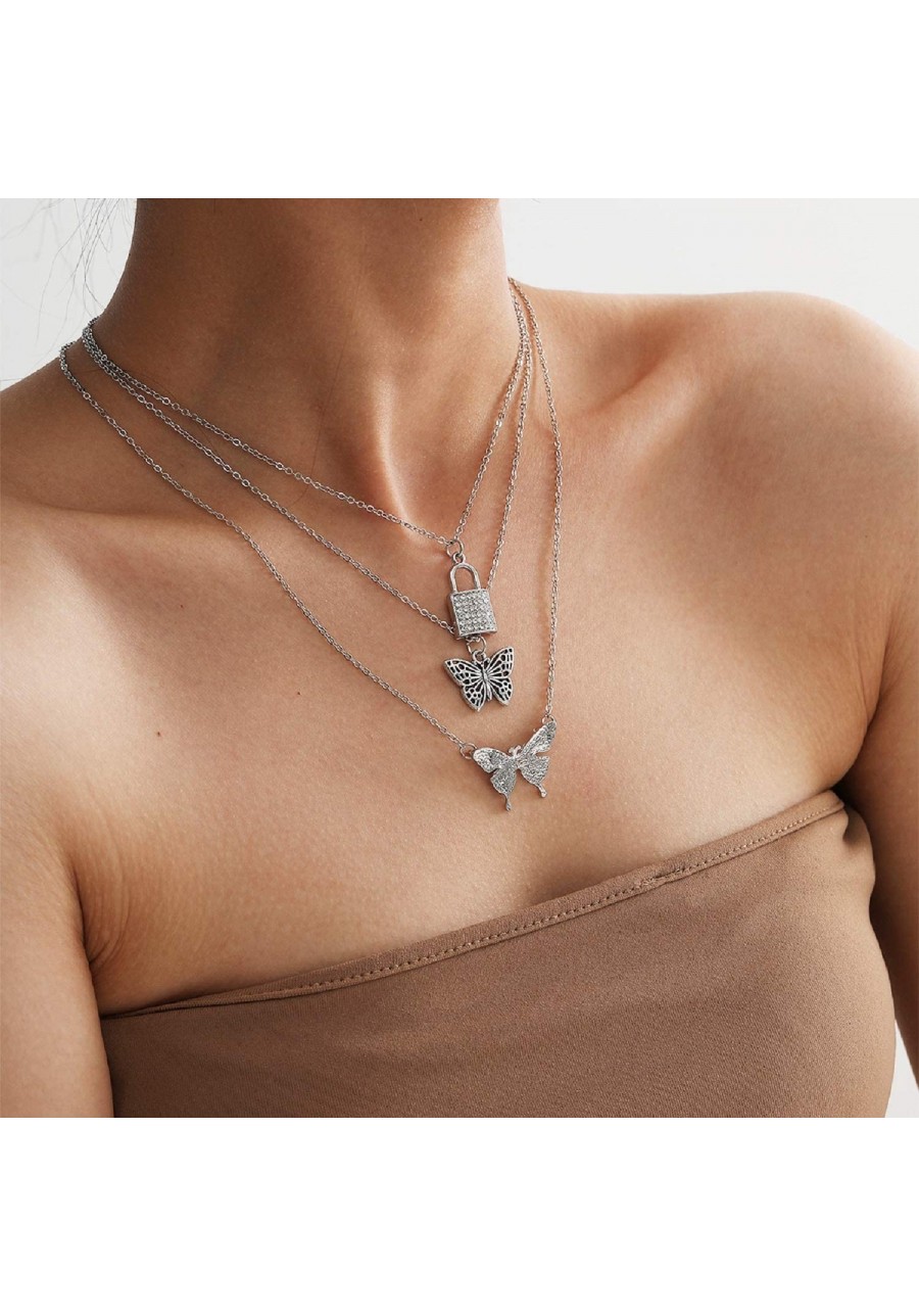 Women Girls Butterfly Lock Pendant Necklace Fashion Choker Necklace Silver $8.42 Chokers