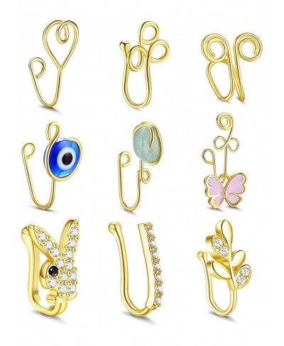 9Pcs African Nose Cuffs Non Piercing Fake Nose Ring for Women 14k Gold Plated Clip On Nose Rings Evil Eye Crystal Butterfly L...