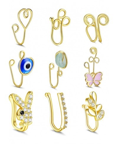 9Pcs African Nose Cuffs Non Piercing Fake Nose Ring for Women 14k Gold Plated Clip On Nose Rings Evil Eye Crystal Butterfly L...