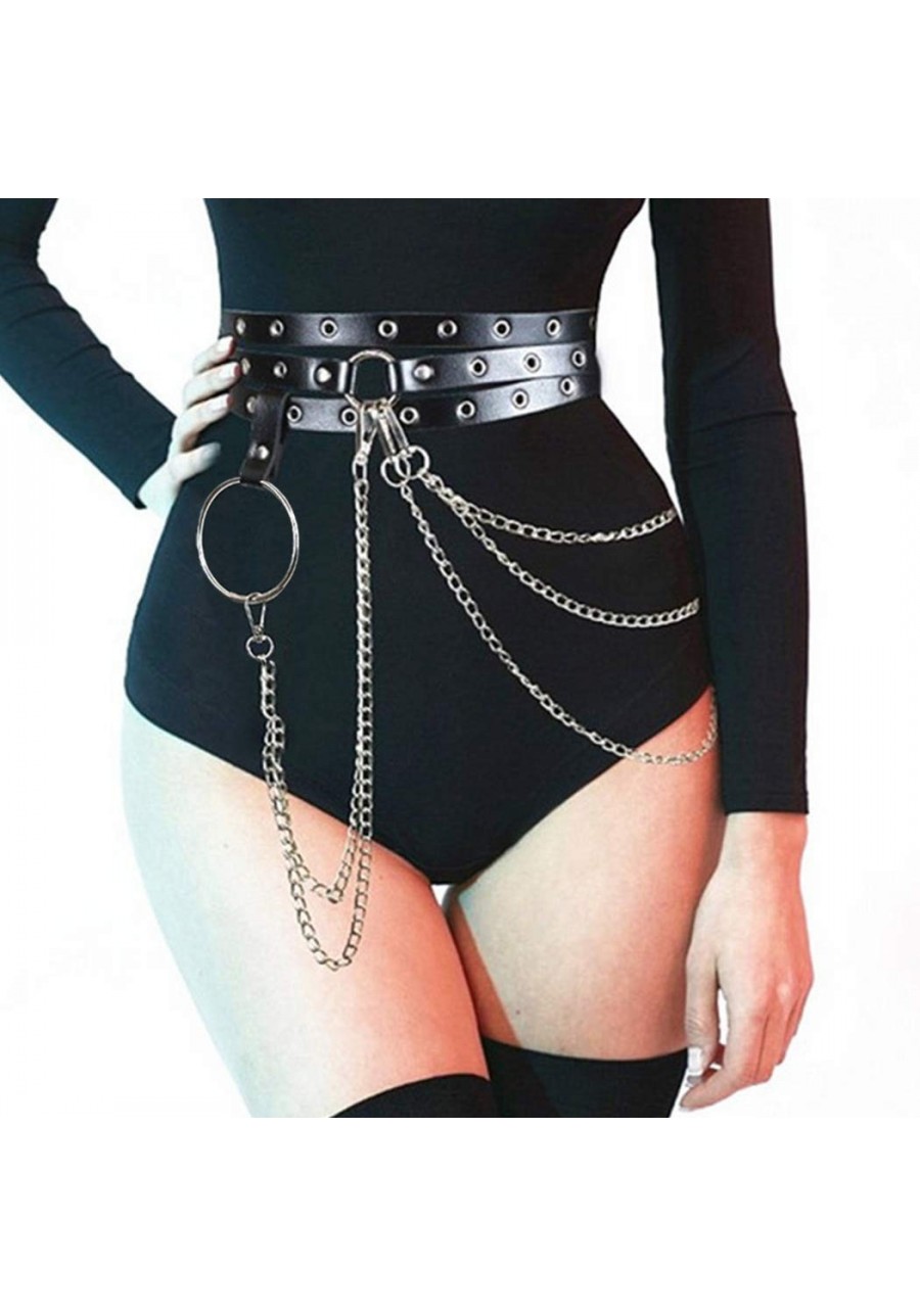 Punk Belly Chain Belts Silver Layered Leather Waist Chain Sexy Ring Nightclub Rave Body Chain Jewelry for Women and Girls $13...