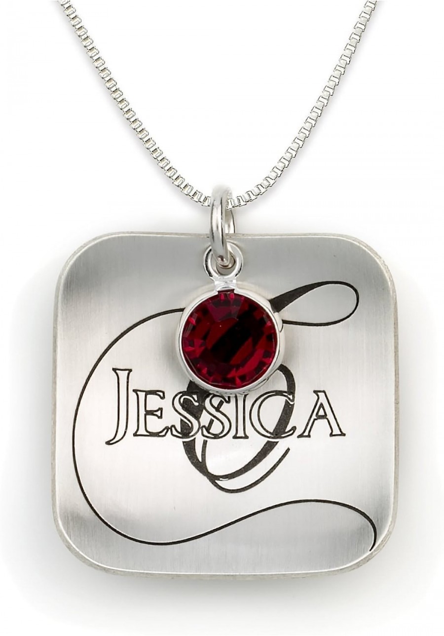 Domed Square Name Like No Other Personalized with Swarovski Birthstone Necklace. Sterling Silver Pendant Showcases a Name and...