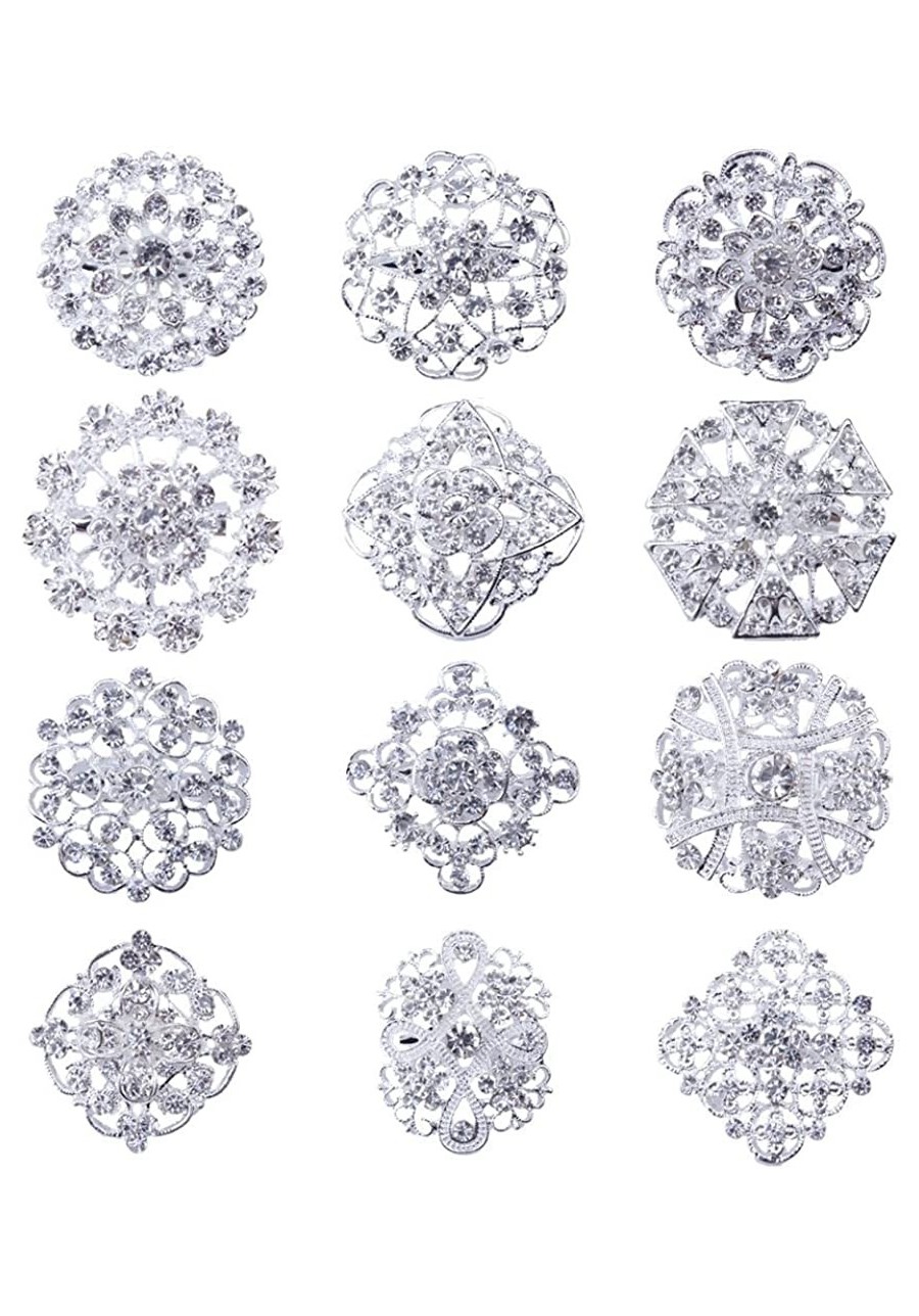 Lot 12pc Clear Rhinestone Crystal Flower Brooches Pins DIY Wedding Bouquet Broaches $15.05 Brooches & Pins