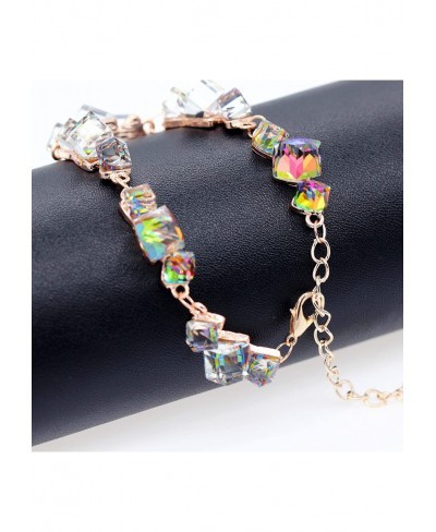 Women Cube Square Blue Glass Crystal Bracelet Rose Gold Plated for Girl Extended Chain GR126 $14.08 Stretch