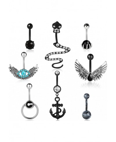 8PCS Black Belly Button Ring Pack Surgical Steel Belly Button Rings Dangle Belly Rings Piercing Jewelry Navel Rings for Women...