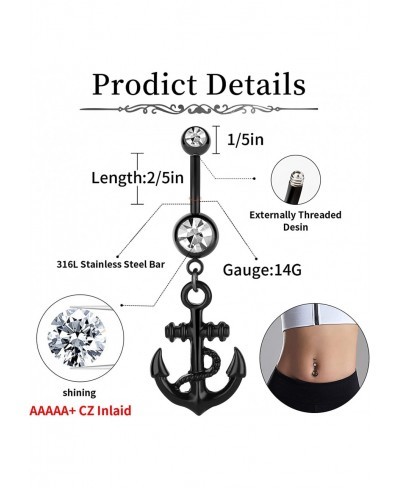 8PCS Black Belly Button Ring Pack Surgical Steel Belly Button Rings Dangle Belly Rings Piercing Jewelry Navel Rings for Women...