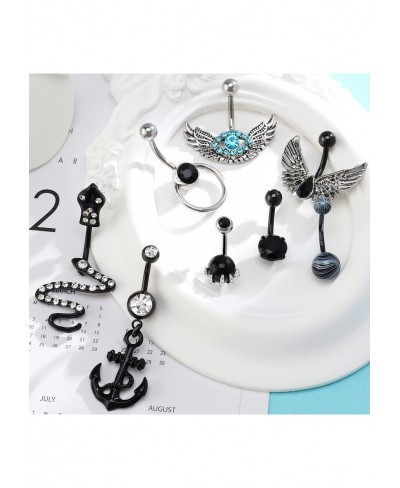 8PCS Black Belly Button Ring Pack Surgical Steel Belly Button Rings Dangle Belly Rings Piercing Jewelry Navel Rings for Women...