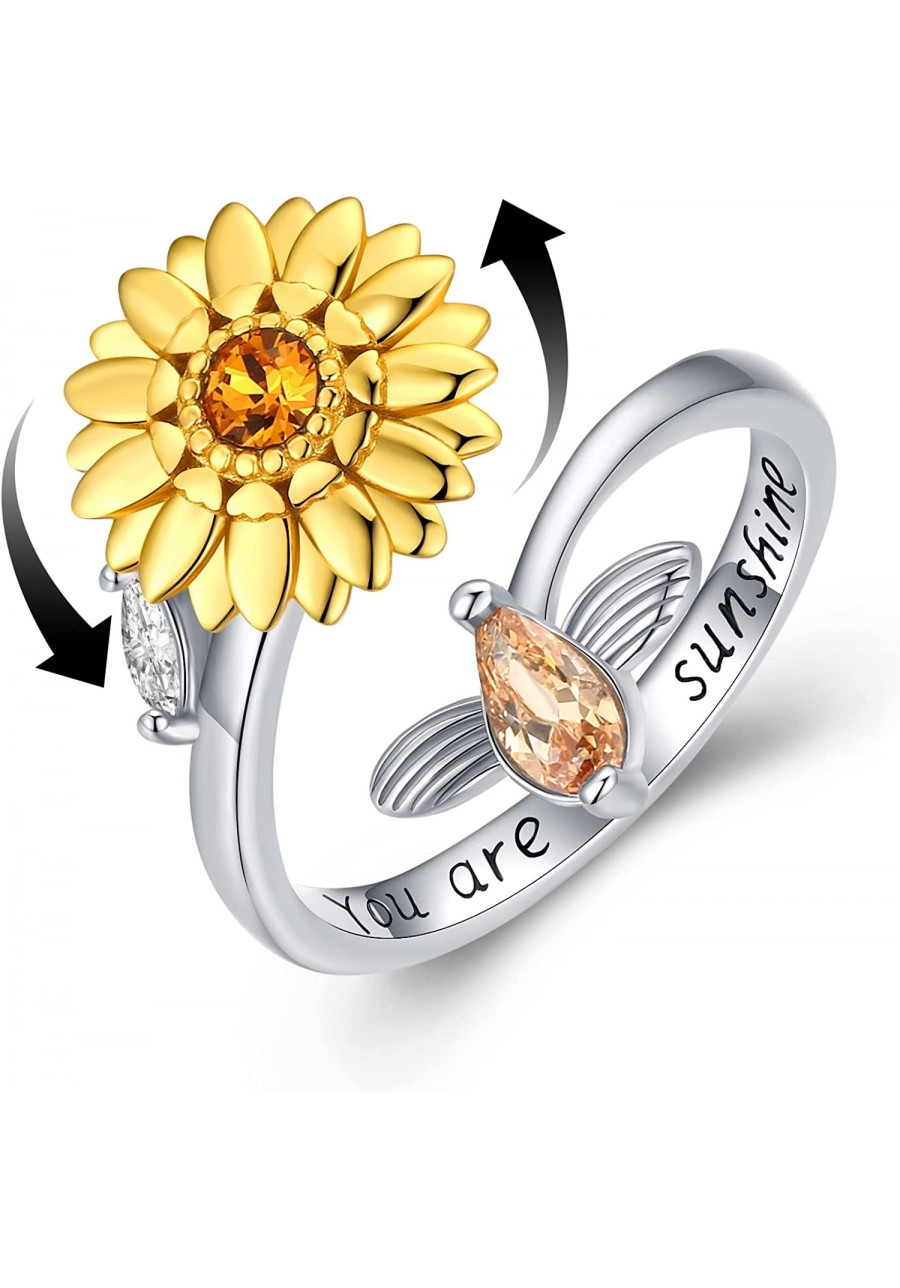 Fidget Rings for Anxiety for Women 925 Sterling Silver Adjustable Open Sunflower Ring You are My Sunshine Spinner Ring for Gi...