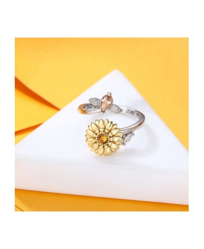 Fidget Rings for Anxiety for Women 925 Sterling Silver Adjustable Open Sunflower Ring You are My Sunshine Spinner Ring for Gi...