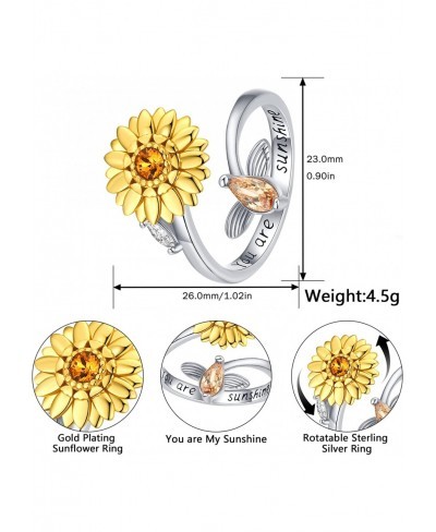 Fidget Rings for Anxiety for Women 925 Sterling Silver Adjustable Open Sunflower Ring You are My Sunshine Spinner Ring for Gi...