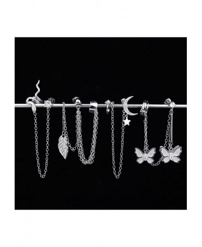 4 Pcs Cuff Chain Earrings Asymmetric Moon Star Leaf Snake Butterfly Tassel CZ Ear Cuff for Women Ear Crawler Drop Dangle Chai...