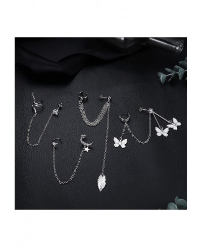 4 Pcs Cuff Chain Earrings Asymmetric Moon Star Leaf Snake Butterfly Tassel CZ Ear Cuff for Women Ear Crawler Drop Dangle Chai...