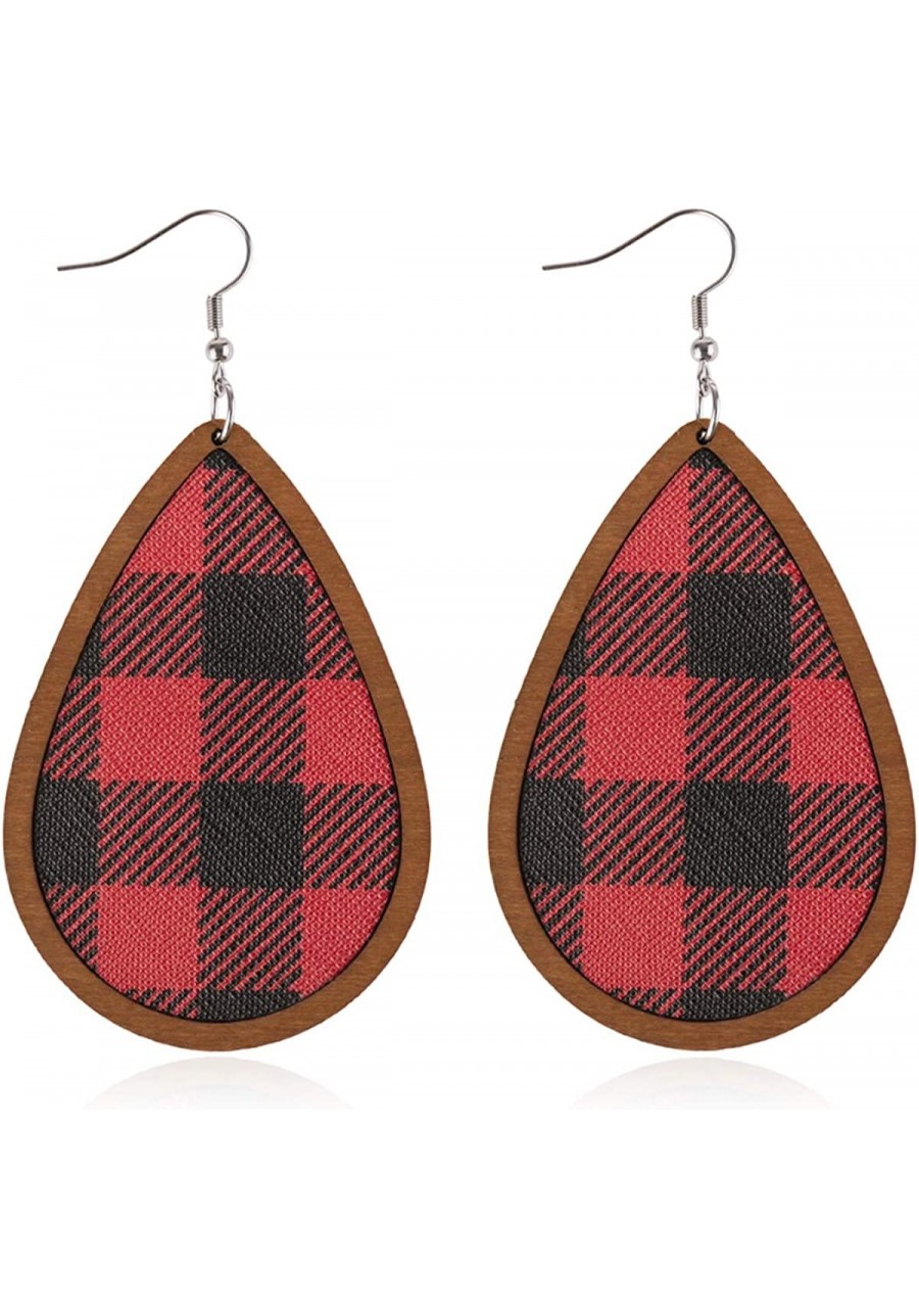 Geometric Pattern Print Drop Earrings - Buffalo Plaid Check Simple Lightweight Faux Leather Leatherette Teardrop Marquise Sta...