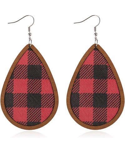 Geometric Pattern Print Drop Earrings - Buffalo Plaid Check Simple Lightweight Faux Leather Leatherette Teardrop Marquise Sta...