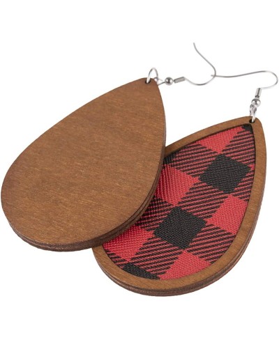 Geometric Pattern Print Drop Earrings - Buffalo Plaid Check Simple Lightweight Faux Leather Leatherette Teardrop Marquise Sta...