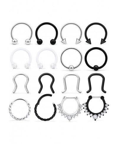 16PCS 16G Surgical Steel Hinged Seamless Septum Hoop Nose Ring Horseshoe Rings Septum Clicker Retainer Body Piercing Jewelry ...
