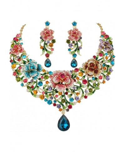 Women's Rhinestone Crystal Enamel Rose Flower Vine Tear Drop Necklace Earrings Set $35.93 Jewelry Sets