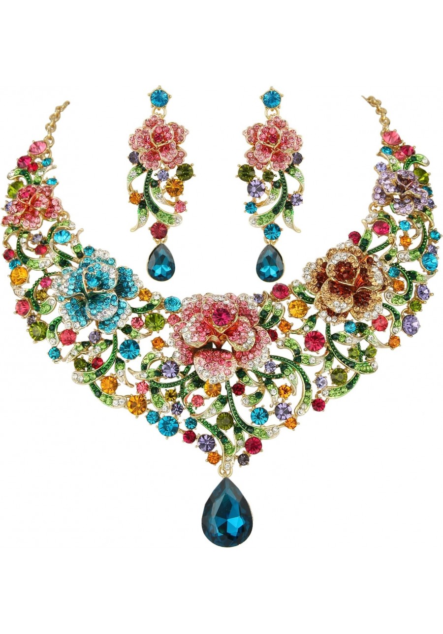 Women's Rhinestone Crystal Enamel Rose Flower Vine Tear Drop Necklace Earrings Set $35.93 Jewelry Sets