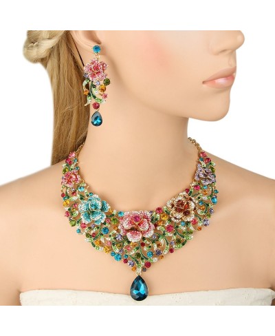 Women's Rhinestone Crystal Enamel Rose Flower Vine Tear Drop Necklace Earrings Set $35.93 Jewelry Sets