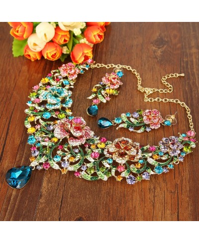 Women's Rhinestone Crystal Enamel Rose Flower Vine Tear Drop Necklace Earrings Set $35.93 Jewelry Sets