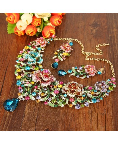 Women's Rhinestone Crystal Enamel Rose Flower Vine Tear Drop Necklace Earrings Set $35.93 Jewelry Sets