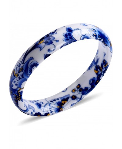 White Ceramic Peony Pattern Bangle Cuff Bracelet for Women $27.89 Cuff