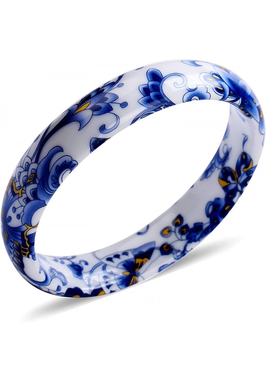 White Ceramic Peony Pattern Bangle Cuff Bracelet for Women $27.89 Cuff