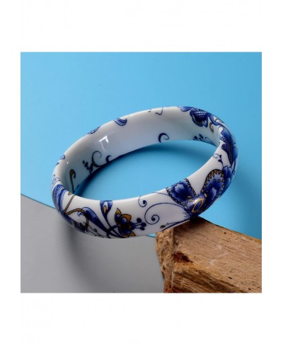 White Ceramic Peony Pattern Bangle Cuff Bracelet for Women $27.89 Cuff