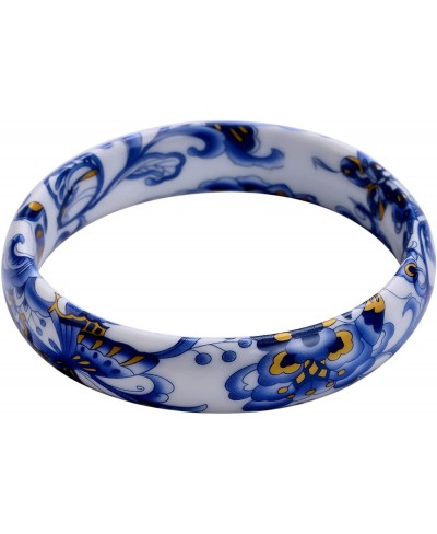 White Ceramic Peony Pattern Bangle Cuff Bracelet for Women $27.89 Cuff