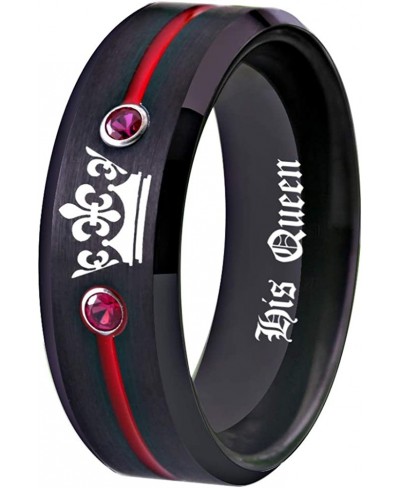 Free Custom Engraving Matching Couples Her King and His Queen Ring Set in Black Tungsten Carbide Rings With Two White CZ- His...