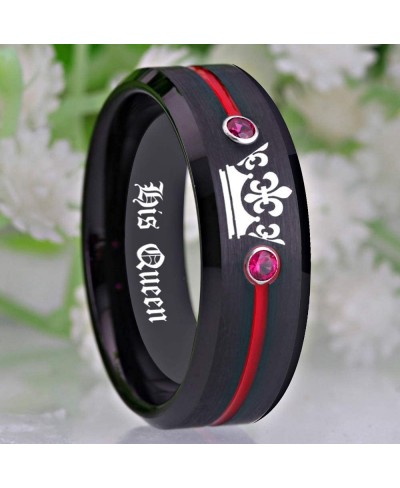 Free Custom Engraving Matching Couples Her King and His Queen Ring Set in Black Tungsten Carbide Rings With Two White CZ- His...