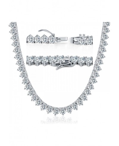 Tennis Necklace 18K White Gold Plated 5A 4.0mm Round Cubic Zirconia Cut Faux Diamond Chain for Women and Men 3 Prong $25.07 C...