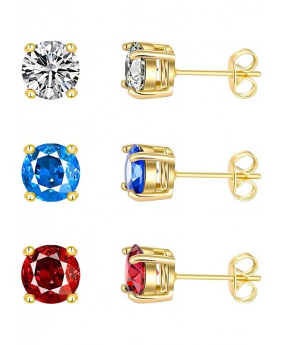 Women's CZ Stud Earrings Simulated Diamond 18K Gold Plated Round Cubic Zirconia Ear Stud Set White Red Blue CZ Stones (3 Pair...