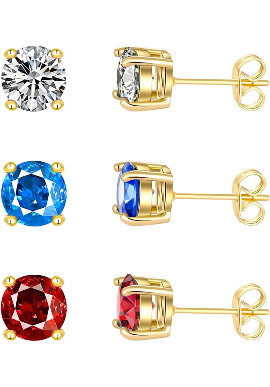 Women's CZ Stud Earrings Simulated Diamond 18K Gold Plated Round Cubic Zirconia Ear Stud Set White Red Blue CZ Stones (3 Pair...