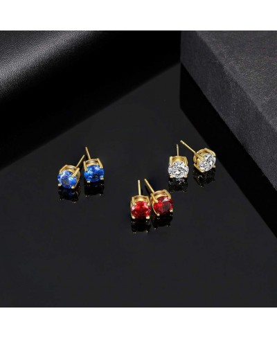 Women's CZ Stud Earrings Simulated Diamond 18K Gold Plated Round Cubic Zirconia Ear Stud Set White Red Blue CZ Stones (3 Pair...