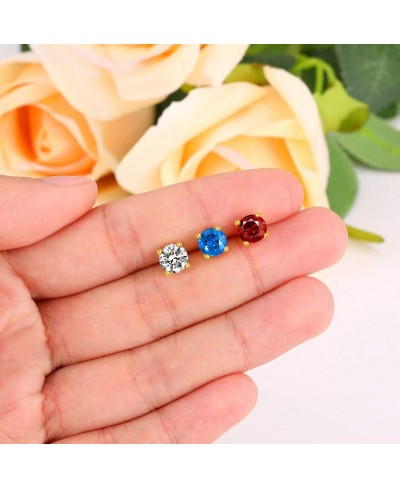 Women's CZ Stud Earrings Simulated Diamond 18K Gold Plated Round Cubic Zirconia Ear Stud Set White Red Blue CZ Stones (3 Pair...