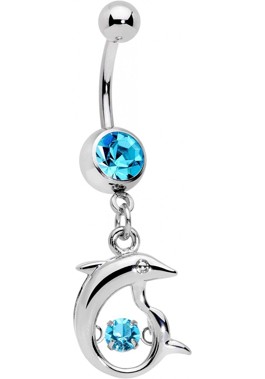 Womens 14G Steel Navel Ring Piercing Light Blue Accent Double Dolphin Dangle Belly Button Ring $14.27 Piercing Jewelry