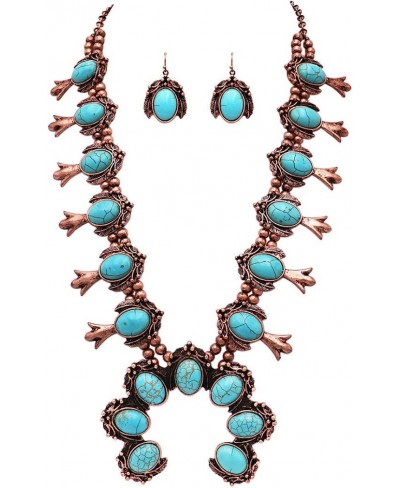 Women's Statement Western Howlite Squash Blossom Necklace Earrings Set 24"+3" Extension (Copper Tone Turquoise Howlite Stone)...