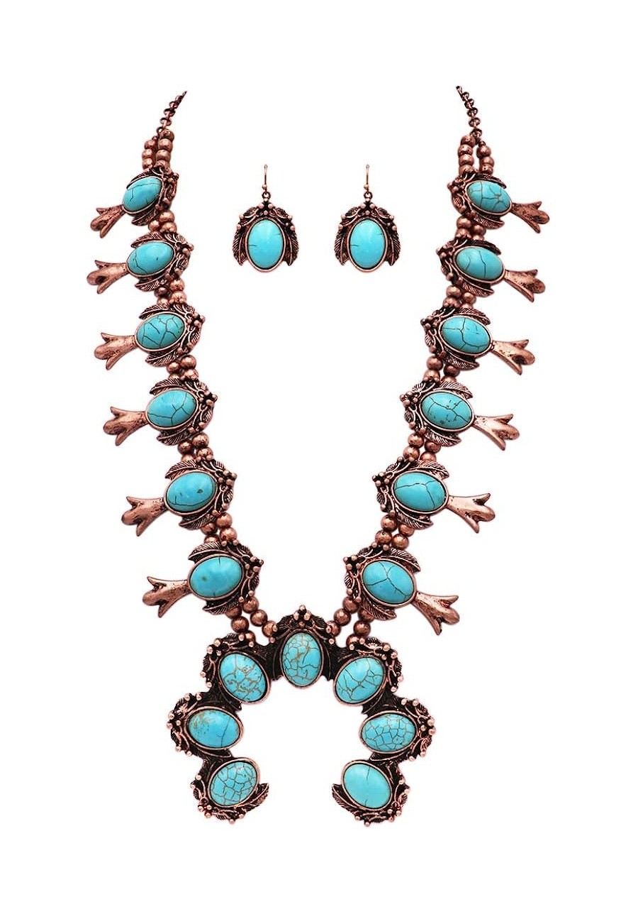 Women's Statement Western Howlite Squash Blossom Necklace Earrings Set 24"+3" Extension (Copper Tone Turquoise Howlite Stone)...