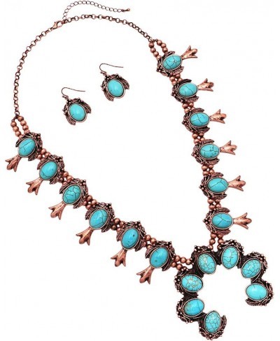 Women's Statement Western Howlite Squash Blossom Necklace Earrings Set 24"+3" Extension (Copper Tone Turquoise Howlite Stone)...