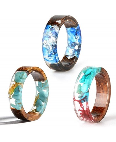 Unique Handmade Wood Plastic Resin Band Ring with Silver Foil Inside Ocean Blue Crystal Ring Best Gift for Her $11.18 Statement