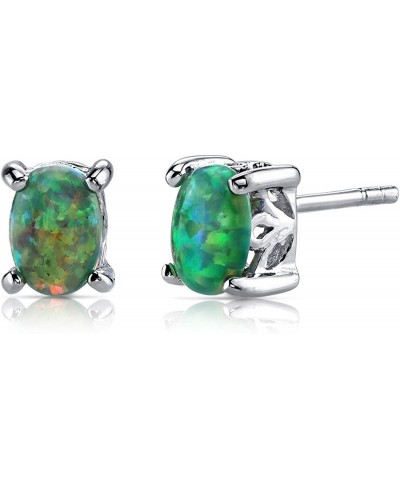 Created Green Fire Opal Earrings 925 Sterling Silver Scroll Gallery Solitaire Studs 1.50 Carats Total Oval Shape 7x5mm Fricti...