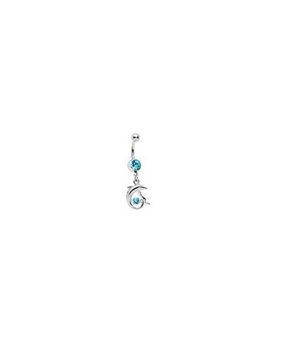 Womens 14G Steel Navel Ring Piercing Light Blue Accent Double Dolphin Dangle Belly Button Ring $14.27 Piercing Jewelry