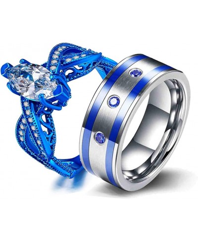 Two Rings His and Hers Couple Ring Bridal Set His Hers Women Blue Gold Plated Cz Man Stainless Steel Wedding Ring Band Set $1...