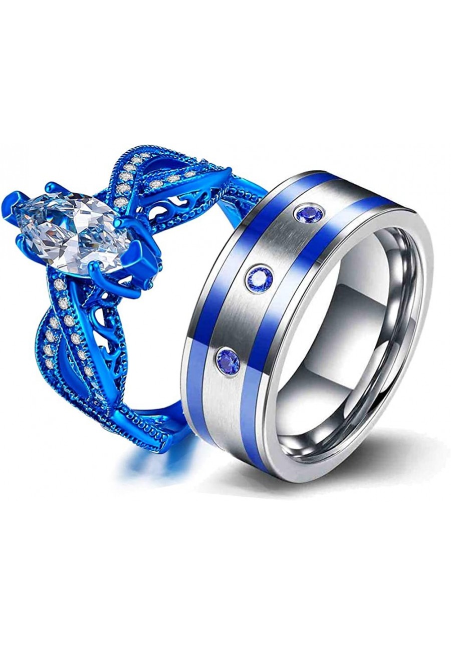 Two Rings His and Hers Couple Ring Bridal Set His Hers Women Blue Gold Plated Cz Man Stainless Steel Wedding Ring Band Set $1...