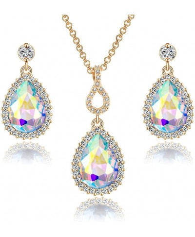 Austrian Crystals Teardrop Pendant Necklace Earrings for Women 14K Gold Plated Hypoallergenic Jewelry Set $21.50 Jewelry Sets