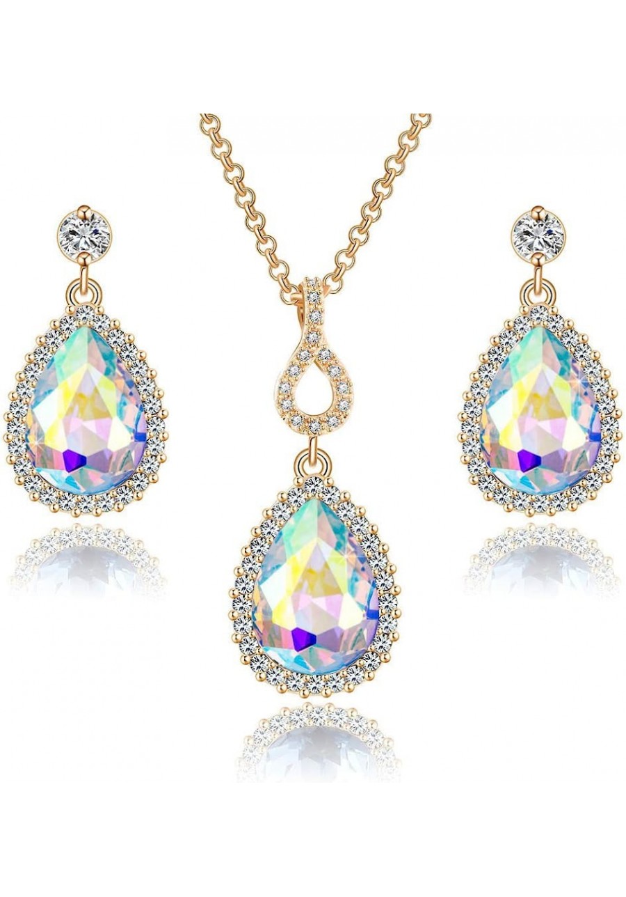 Austrian Crystals Teardrop Pendant Necklace Earrings for Women 14K Gold Plated Hypoallergenic Jewelry Set $21.50 Jewelry Sets